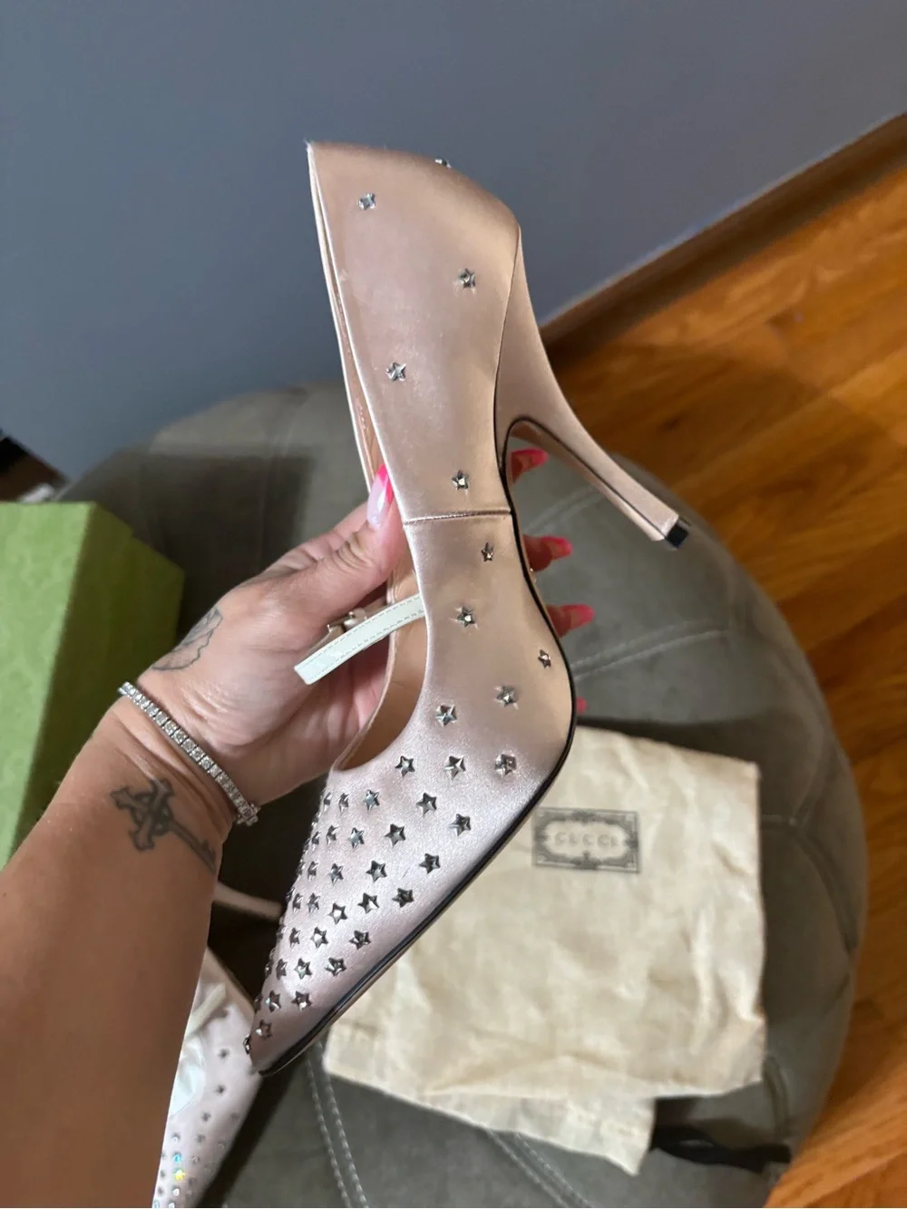 Gucci Blush Pink Studded Pointed Mary Jane Pumps